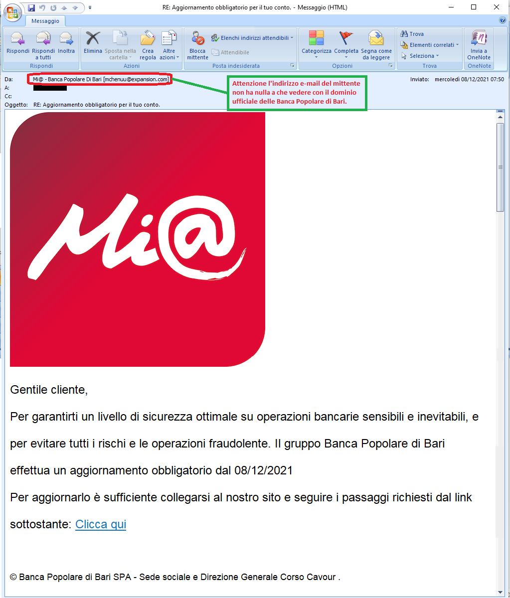 Clicca per ingrandire l'immagine della falsa e-mail di Banca Popolare di Bari, che cerca di indurre il ricevente a cliccare sui link per rubare le credenziali di accesso al suo account.