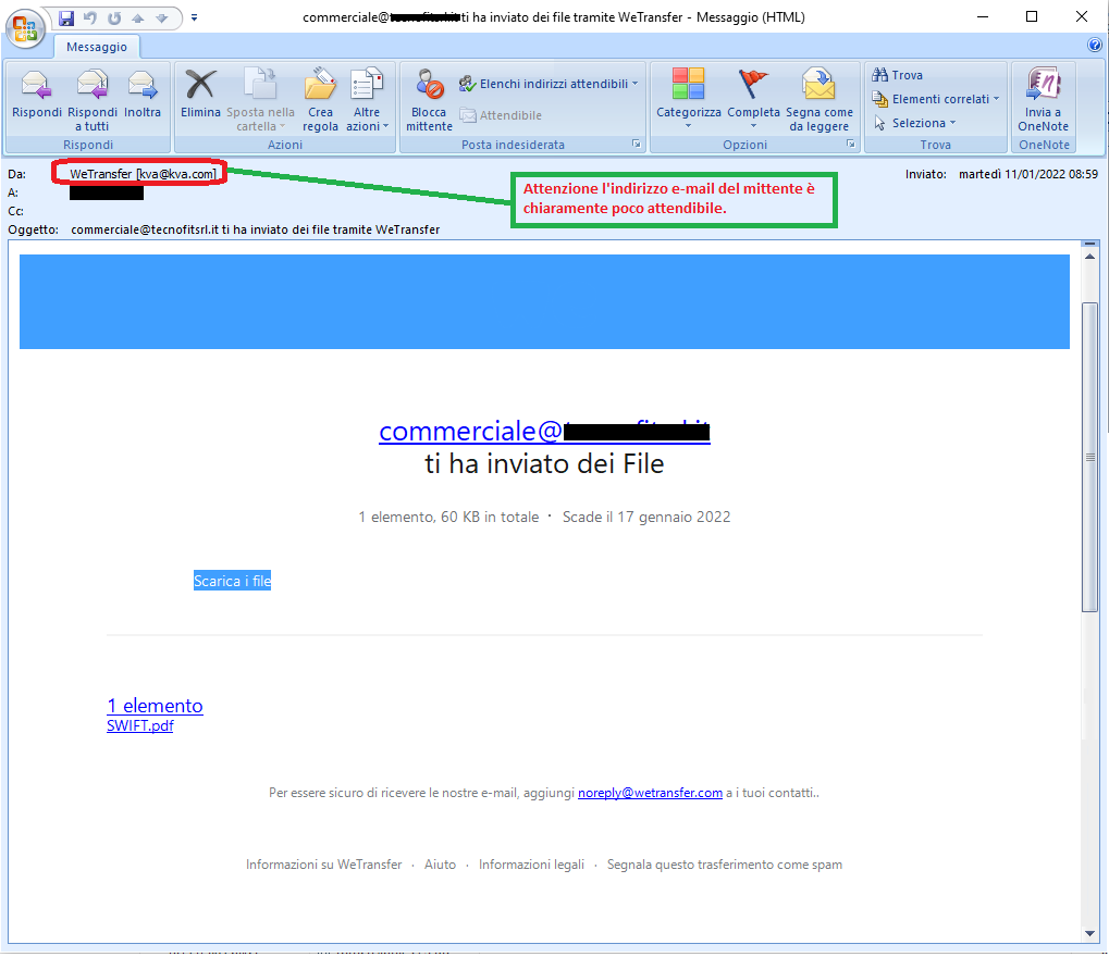 Clicca per ingrandire l'immagine della falsa e-mail di WeTransfer, che cerca di indurre il ricevente a cliccare sui link per rubare le credenziali di accesso all'account.