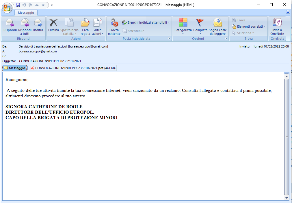 Clicca per ingrandire l'immagine della falsa e-mail di una presunta convicazione da parte dei Carabinieri sezione EUROPOL,  ma che in realtà è una TRUFFA!