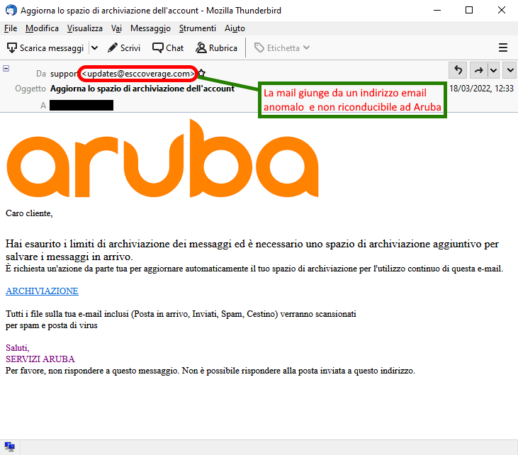 Clicca per ingrandire l'immagine della falsa e-mail di Aruba che informa che lo spazio di archiviazione è in esaurimento, è necessario dello spazio aggiuntivo....in realtà è una TRUFFA!