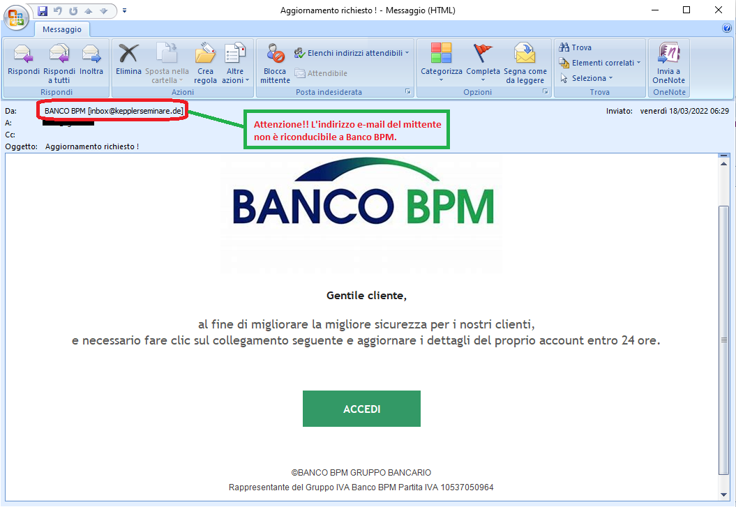 Clicca per ingrandire l'immagine della falsa e-mail di Banco BPM, che cerca di indurre il ricevente a cliccare sui link per rubare le credenziali di accesso al suo account.