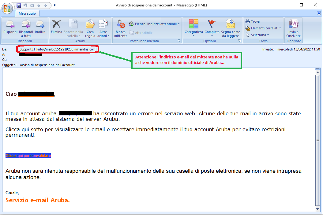 Clicca per ingrandire l'immagine della falsa e-mail di Aruba che informa di un errore nel servizio web che può portare a una sospensione dell'account... ma che in realtà è una TRUFFA!