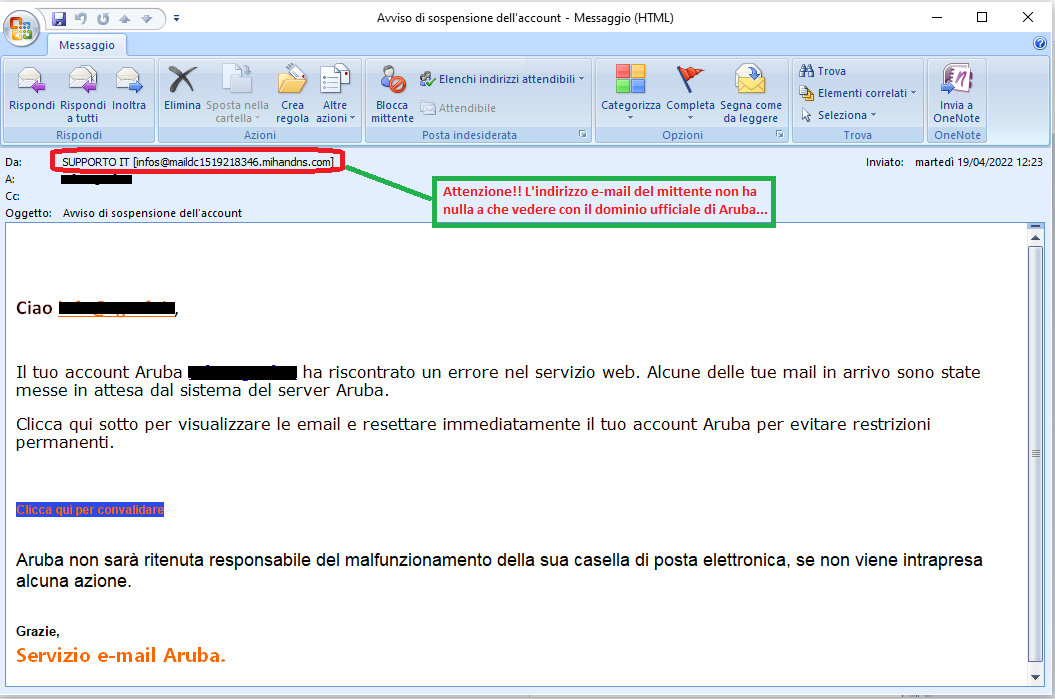 Clicca per ingrandire l'immagine della falsa e-mail di Aruba che informa di un errore nel servizio web che può portare a una sospensione dell'account... ma che in realtà è una TRUFFA!
