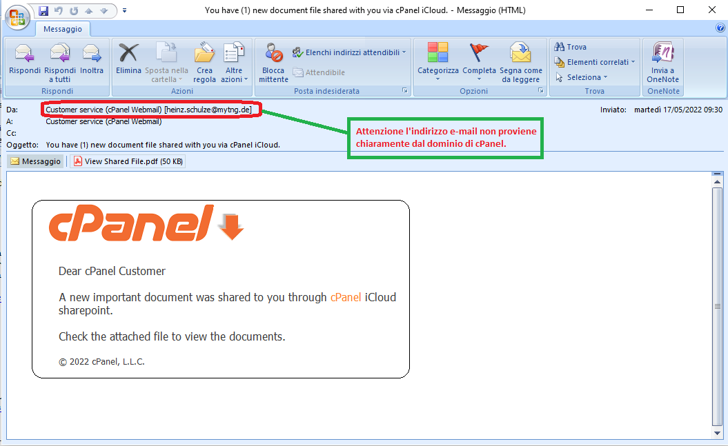 Clicca per ingrandire l'immagine della falsa e-mail di cPanel checerca di rubare le credenziali dell'account di posta elettronica.