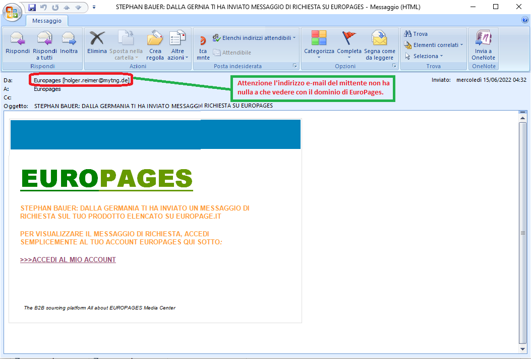 Clicca per ingrandire l'immagine della falsa e-mail di EuroPages, che cerca di rubare le credenziali di accesso all'account.