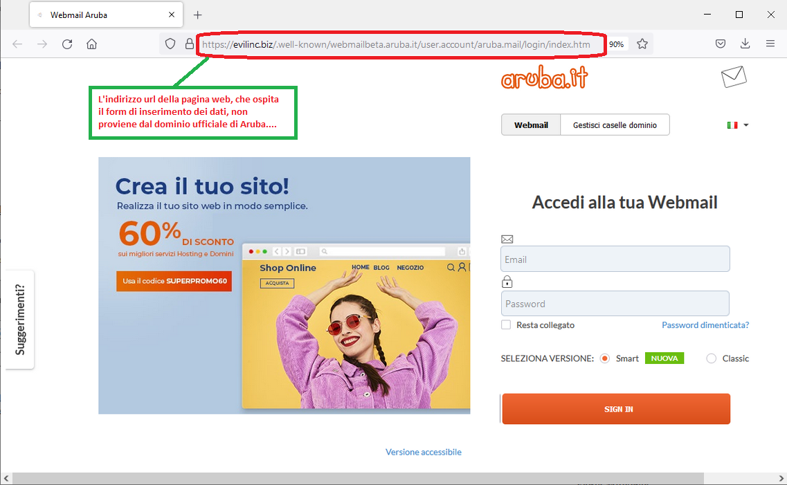 Clicca per ingrandire l'immagine del falso sito web di Aruba, che simula la login di accesso all'account di posta elettronica, per rubare le credenziali di accesso..