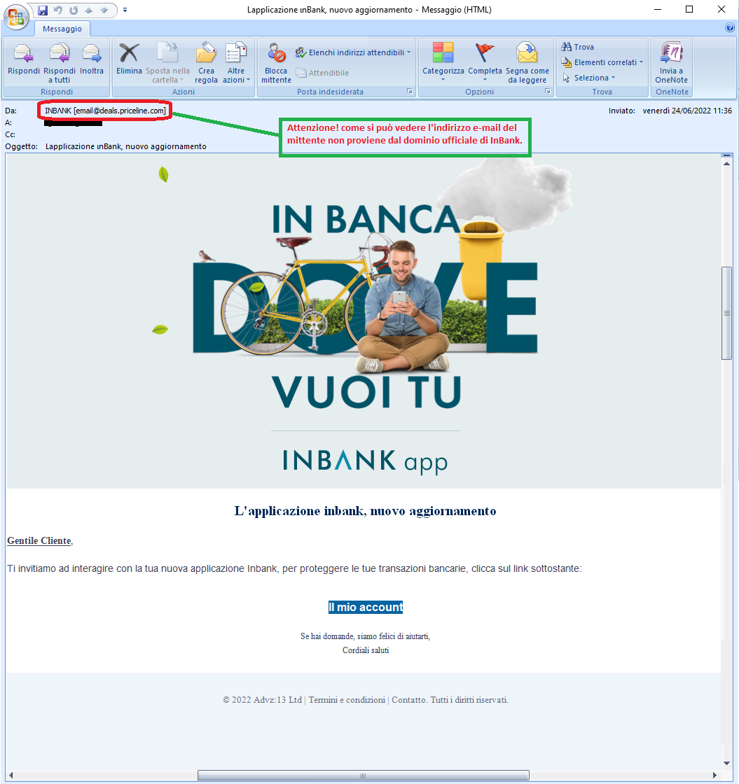 Clicca per ingrandire l'immagine della falsa e-mail di InBank che cerca di rubare le credenziali del'account dell'ignaro ricevente.