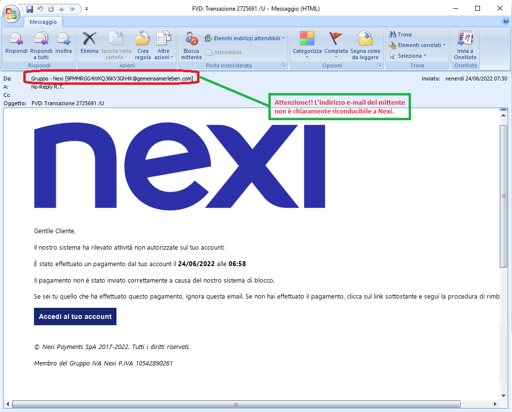 Clicca per ingrandire l'immagine della falsa e-mail di NEXI che cerca di rubare i codici della carta di credito dell'ignaro ricevente.