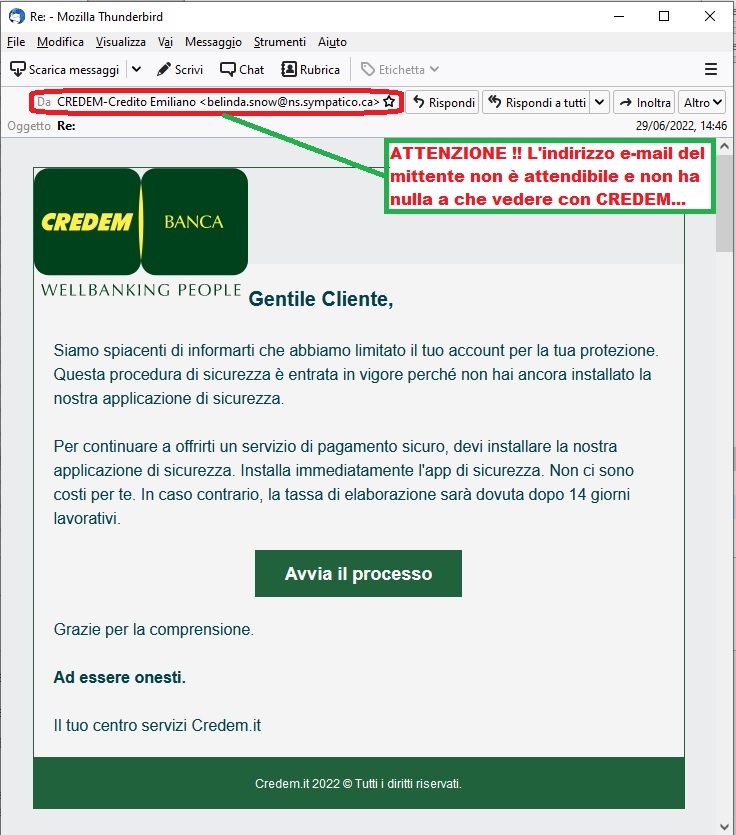 Clicca per ingrandire l'immagine della falsa e-mail di CREDEM, che cerca di indurre il ricevente a cliccare sui link per rubare le credenziali di accesso al suo account.