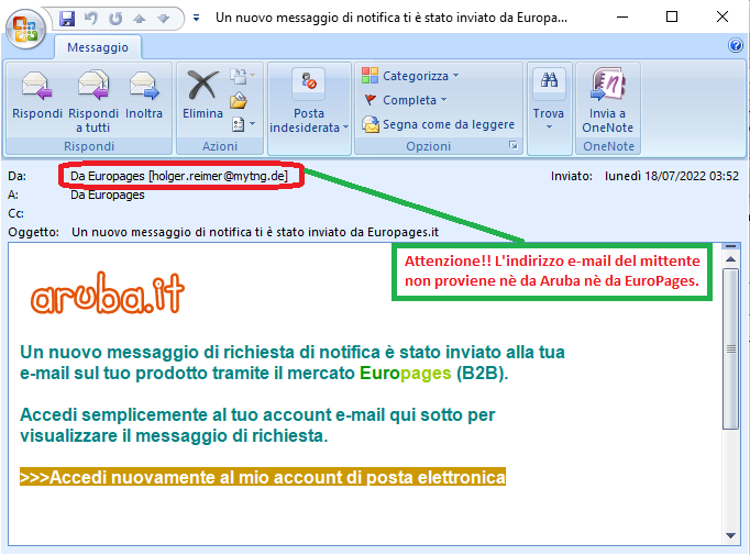 Clicca per ingrandire l'immagine della falsa e-mail di EuroPages, che cerca di rubare le credenziali di accesso all'account.