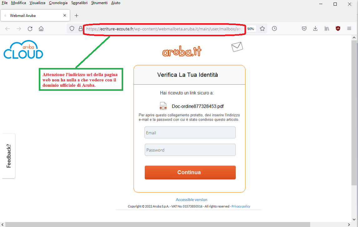 Clicca per ingrandire l'immagine del falso sito dell'account di Aruba, che cerca di rubare le credenziali di accesso all'account..
