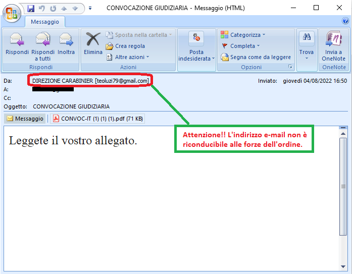Clicca per ingrandire l'immagine della falsa e-mail di una presunta convicazione da parte dei Carabinieri sezione EUROPOL,  ma che in realtà è una TRUFFA!