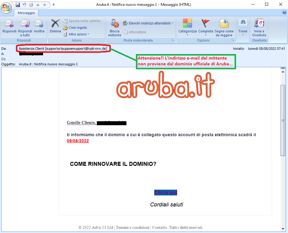 Clicca per ingrandire l'immagine della falsa e-mail di Aruba che comunica che il dominio è in scadenza, ma in realtà è una TRUFFA!