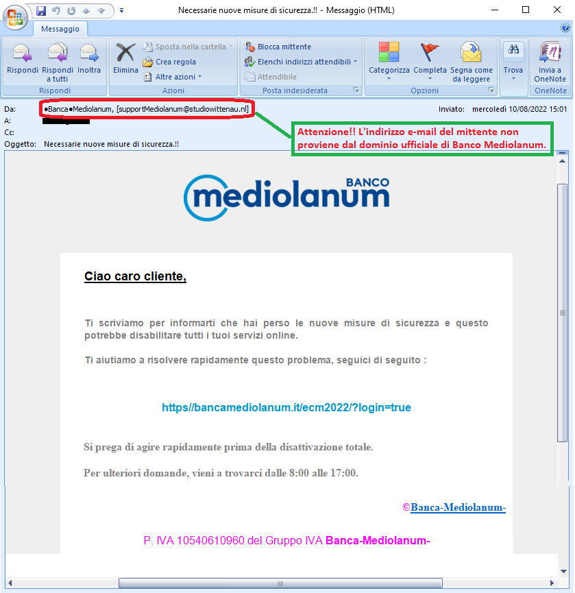 Clicca per ingrandire l'immagine della falsa e-mail di Banco Mediolanum che cerca di rubare le credenziali del'account dell'ignaro ricevente.