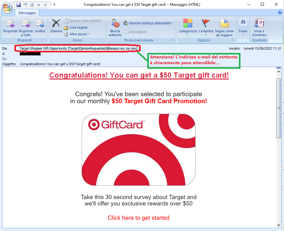 Clicca per ingrandire l'immagine della falsa e-mail che segnala la possibilità di vincere una gift card del valore di 50$...in realtà si tratta di una TRUFFA!