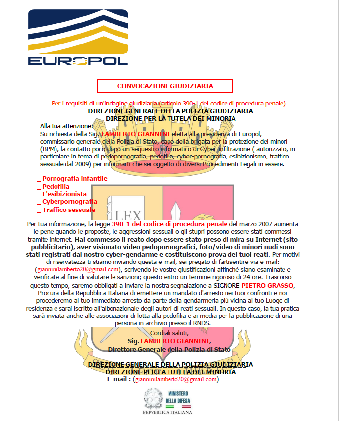 Clicca per ingrandire l'immagine dell'allegato relativo alla convocazione per inchiesta giudiziaria da parte dell'EUROPOL,  ma che in realtà è una TRUFFA!