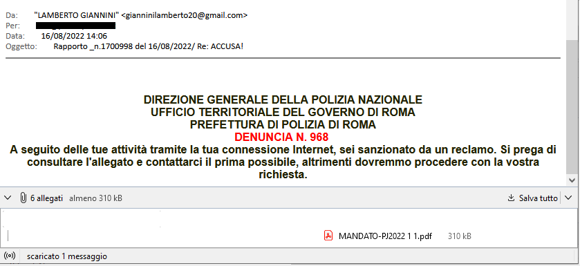 Clicca per ingrandire l'immagine della falsa e-mail di una presunta convocazione da parte dei Carabinieri sezione EUROPOL,  ma che in realtà è una TRUFFA!