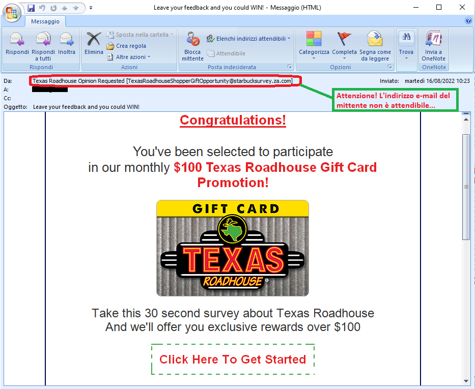 Clicca per ingrandire l'immagine della falsa e-mail che segnala la possibilità di vincere una gift card di Texas Roadhouse del valore di 100$...in realtà si tratta di una TRUFFA!