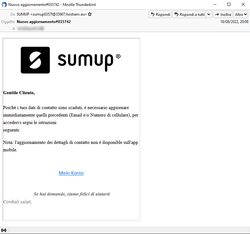 Clicca per ingrandire l'immagine della falsa e-mail di SumUp che cerca di rubare le credenziali del'account dell'ignaro ricevente.