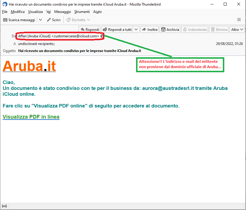 Clicca per ingrandire l'immagine della falsa e-mail di Aruba che comunica che disponibile un nuovo documento condiviso tramite Aruba iCloud, ma in realtà è una TRUFFA!