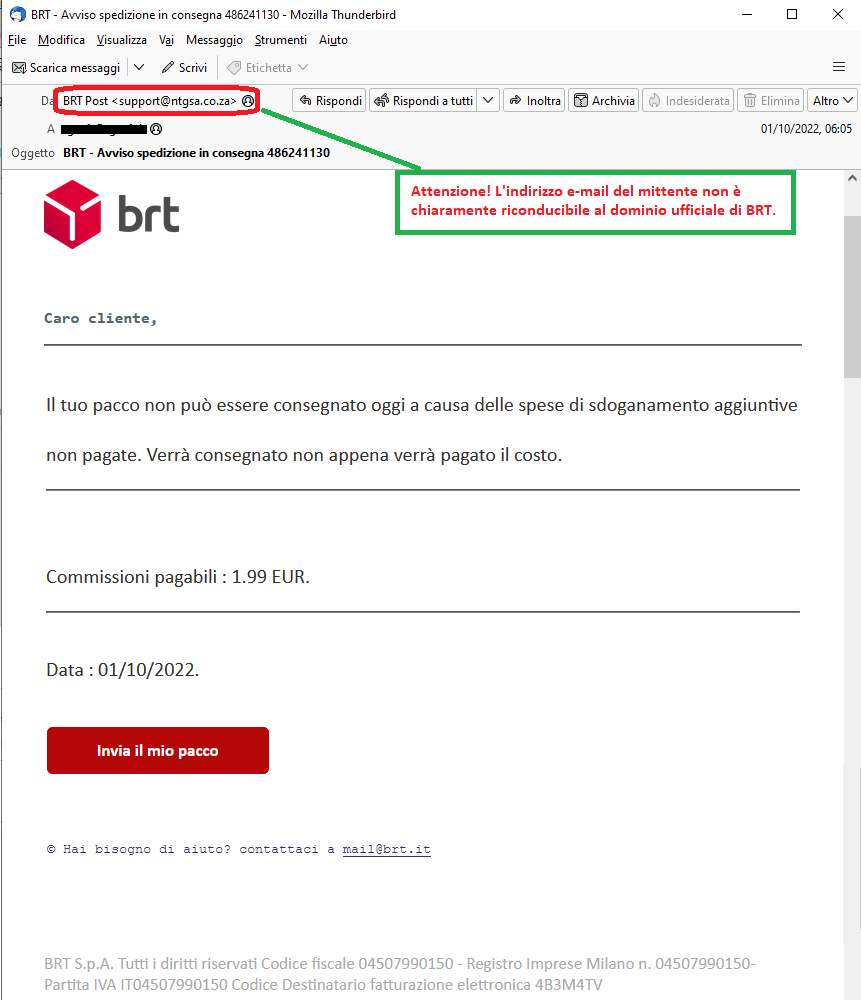 Clicca per ingrandire l'immagine del falsa e-mail di BRT che informa che la spedizione è in attesa di consegna...in realtà si tratta di una TRUFFA!
