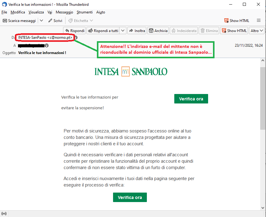 Clicca per ingrandire l'immagine della falsa e-mail di Intesa Sanpaolo, che cerca di rubare i dati dell'account...