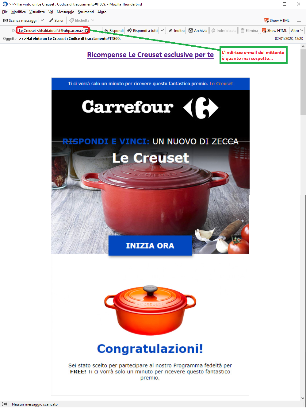 Clicca per ingrandire l'immagine della falsa e-mail che sembra provenire da Carrefour e che segnala la possibilità di vincere un fantastico iPhone 14 Pro...in realtà si tratta di una TRUFFA!
