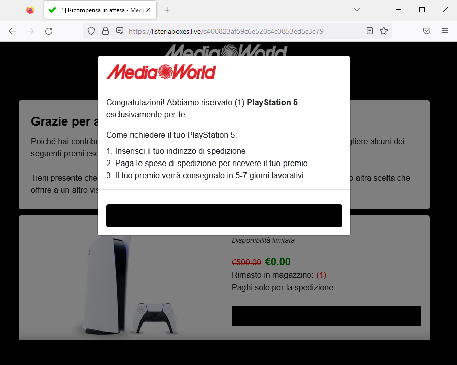 Clicca per ingrandire l'immagine del falso sito di MediaWorld dove vengono indicate le istruzini per ricevere la PlayStation 5...