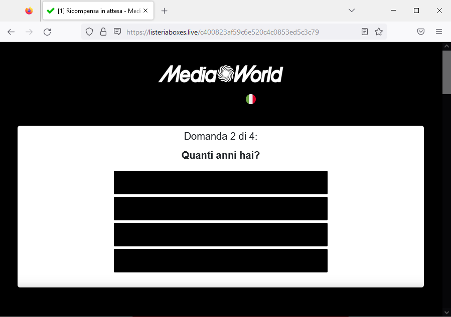 Clicca per ingrandire l'immagine del falso sito di MediaWorld che invita a partecipare ad un sondaggio per vincere una Playstation 5...
