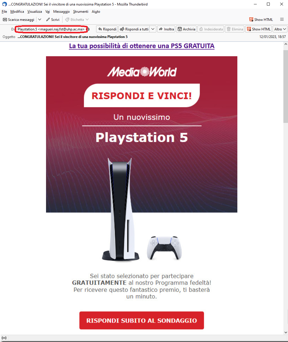 Clicca per ingrandire l'immagine del falsa e-mail di MediaWorld che informa della possibilità di vincere una PlayStation 5...in realtà si tratta di una TRUFFA!