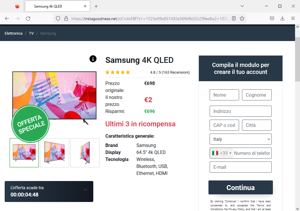 Clicca per ingrandire l'immagine del falso sito di Fastweb dove viene richiesto di inserire i proprii dati per ricevere il televisore Samsung...