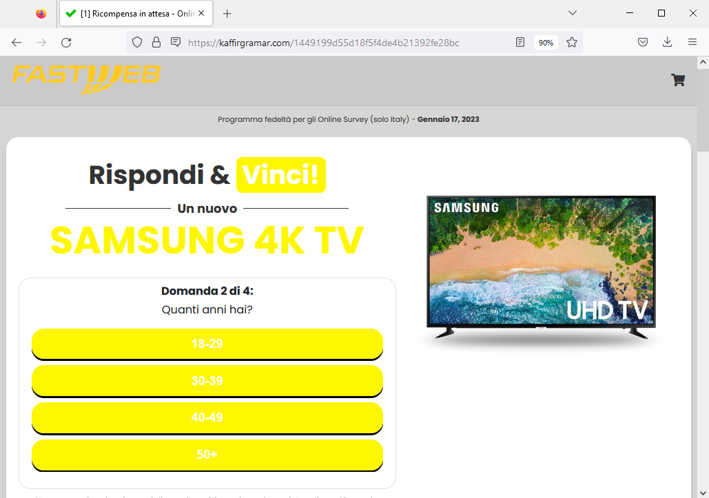 Clicca per ingrandire l'immagine del falso sito di Fastweb che invita a partecipare ad un sondaggio per vincere un televisore Samsung..