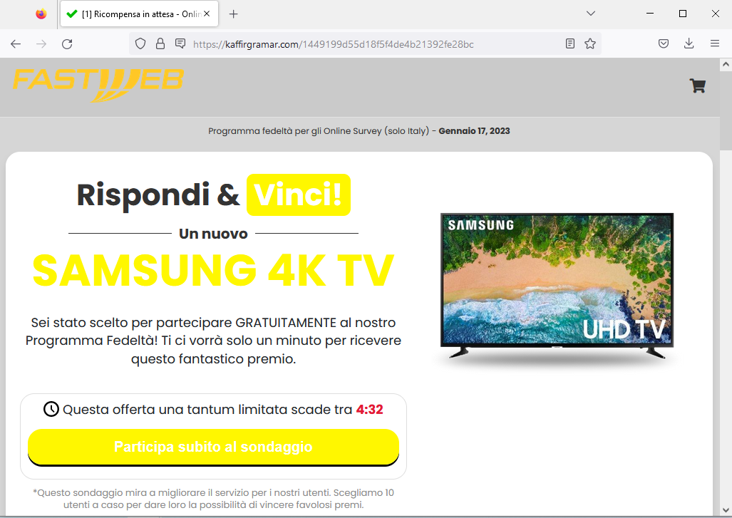 Clicca per ingrandire l'immagine del falso sito di Fastweb che invita a partecipare ad un sondaggio per vincere un televisore Samsung...