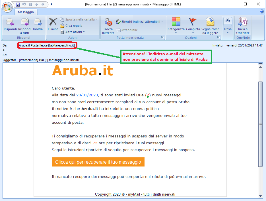 Clicca per ingrandire l'immagine della falsa e-mail di Aruba che comunica ci sono dei messaggi non recapitati, ma in realtà è una TRUFFA!
