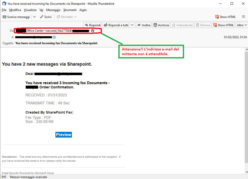 Clicca per ingrandire l'immagine della falsa e-mail di Sharepoint, che cerca di indurre il ricevente a cliccare sui link per rubare le credenziali di accesso all'account.
