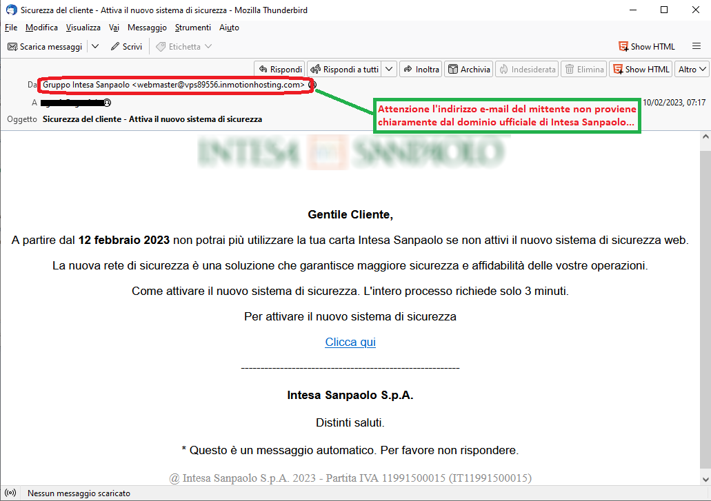 Clicca per ingrandire l'immagine della falsa e-mail di Intesa Sanpaolo, che cerca di rubare i dati dell'account...
