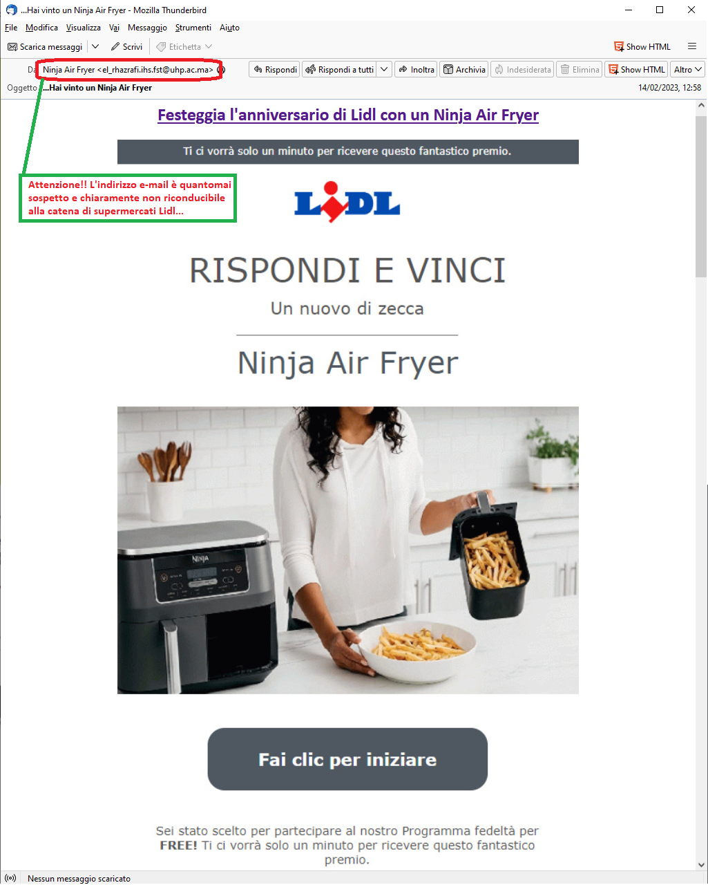 Clicca per ingrandire l'immagine del falsa e-mail che sembra provenire da LIDL, che informa della possibilità di vincere un Ninja Air Frayer...in realtà si tratta di una TRUFFA!