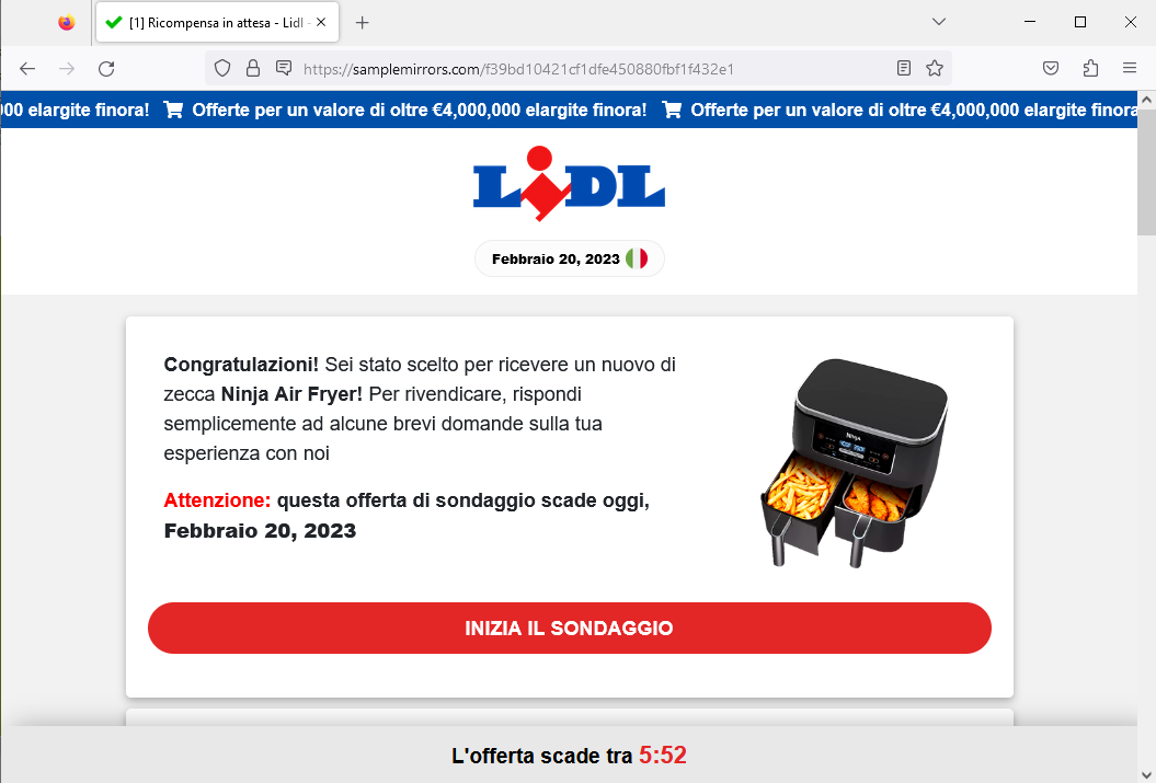 Clicca per ingrandire l'immagine del falso sito di LIDL che invita a partecipare ad un sondaggio per vincere una friggitrice Ninja Air Fryer...