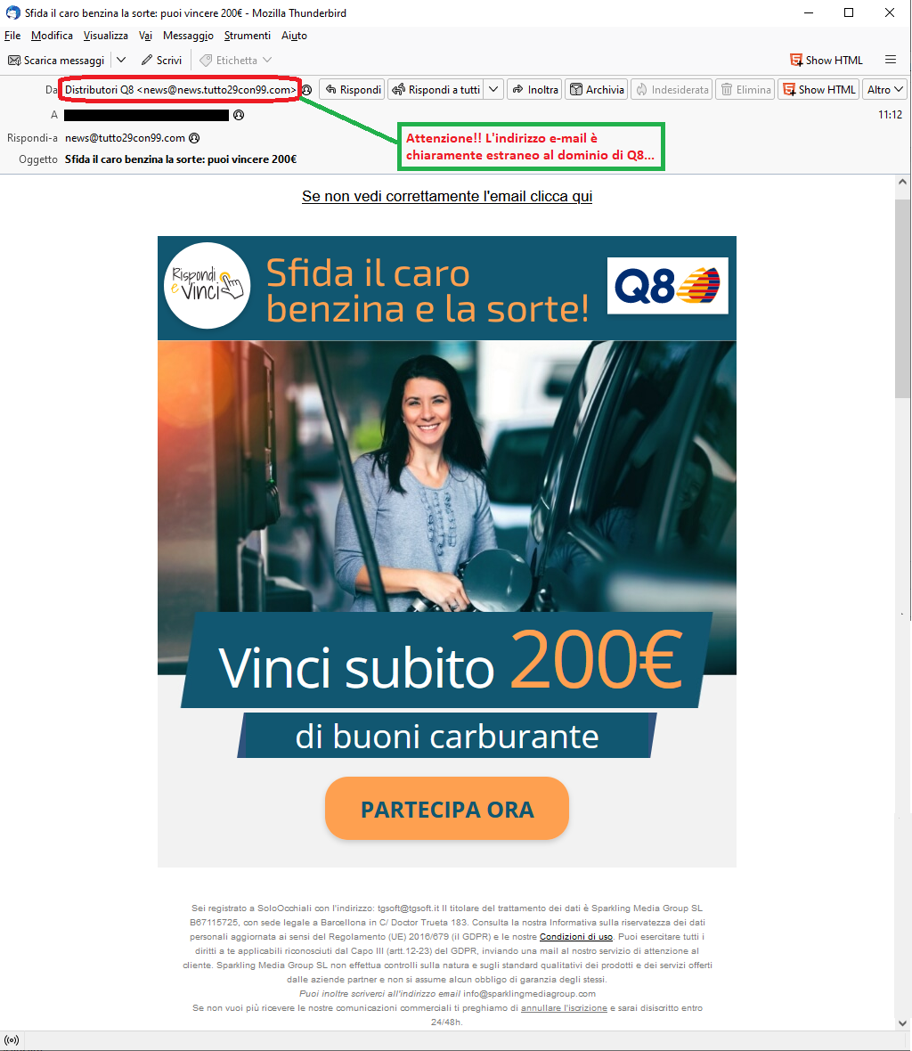 Clicca per ingrandire l'immagine della falsa e-mail che segnala la possibilità di vincere un buono carburante del valore di 200€...in realtà si tratta di una TRUFFA!