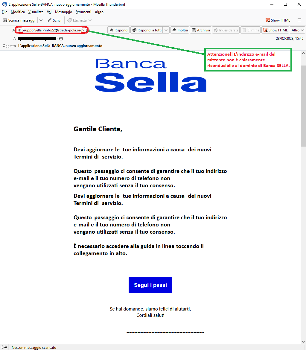 Clicca per ingrandire l'immagine della falsa e-mail di Banca SELLA, che cerca di indurre il ricevente a cliccare sui link per rubare le credenziali di accesso all'account.