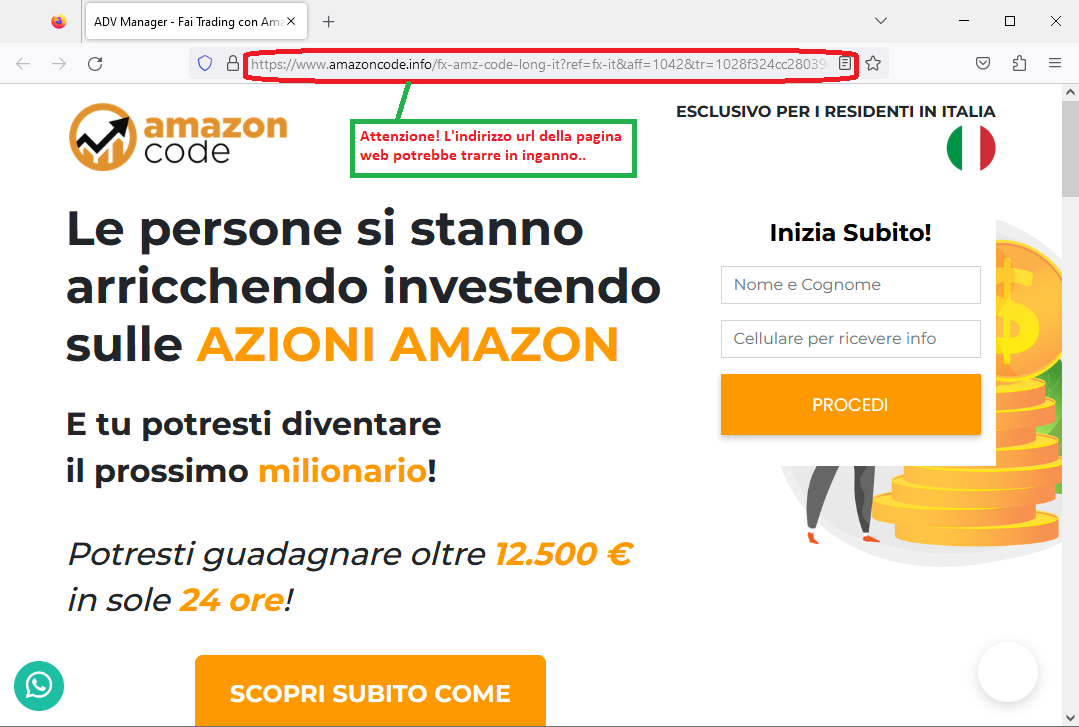 Clicca per ingrandire l'immagine del falso sito contraffatto di Amazon CODE che ha l'obiettivo di rubare i dati personali del malcapitato...