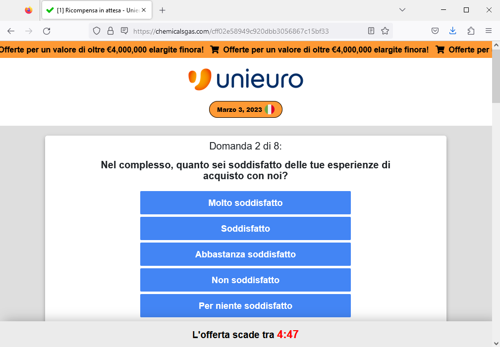Clicca per ingrandire l'immagine del falso sito di Unieuro che invita a partecipare ad un sondaggio per vincere un Pallet di Elettrodoestici...