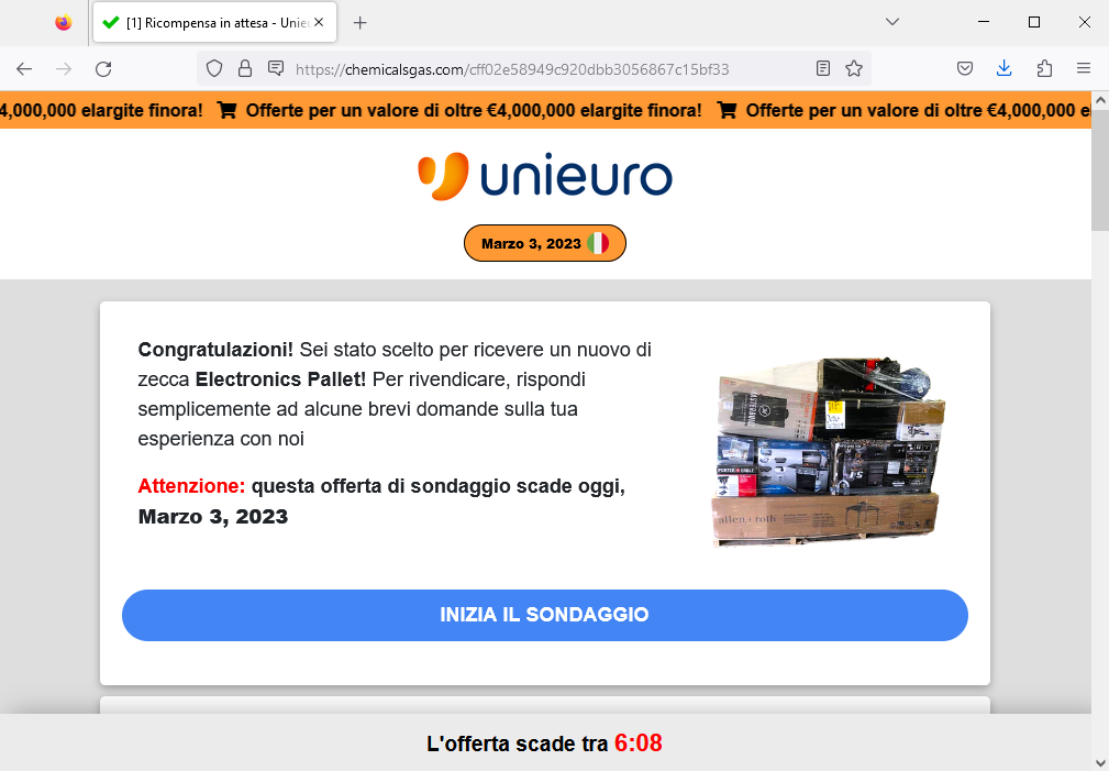 Clicca per ingrandire l'immagine del falso sito di Unieuro che invita a partecipare ad un sondaggio per vincere vincere un Pallet di Elettrodoestici....