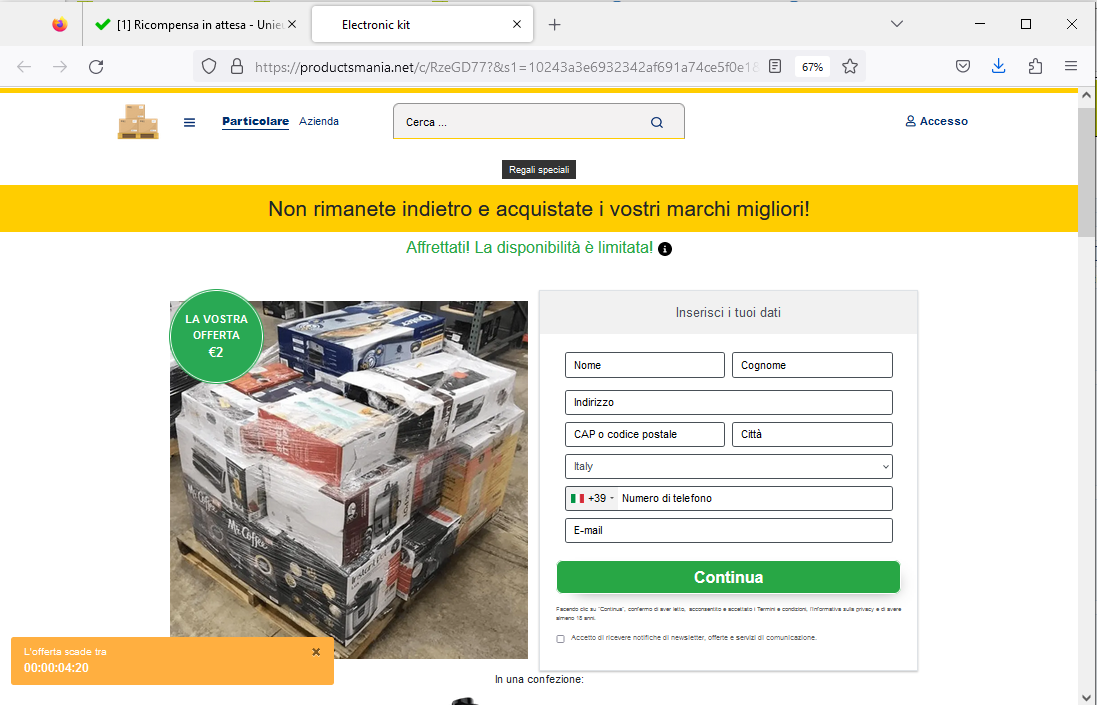 Clicca per ingrandire l'immagine del falso sito di Unieuro dove viene richiesto di inserire i proprii dati per ricevere un Pallet di Elettrodoestici...