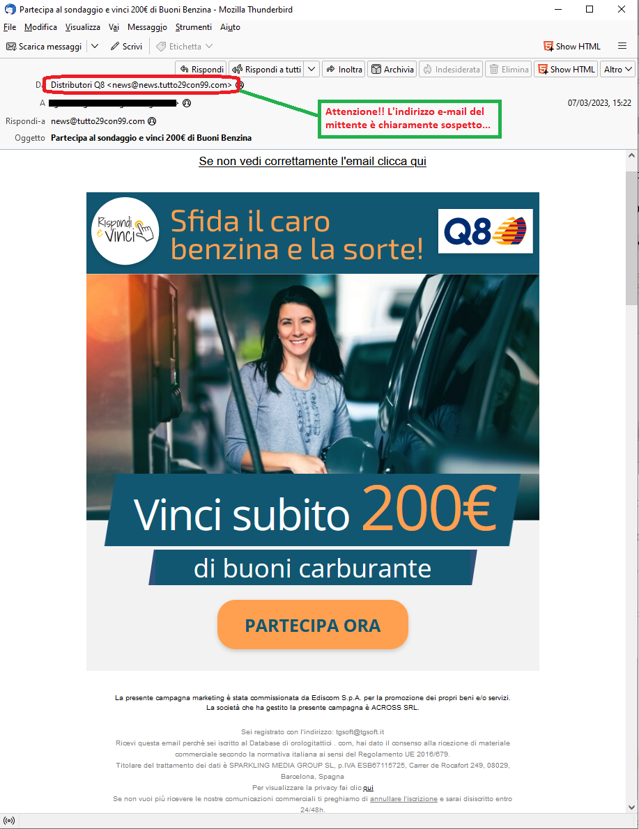 Clicca per ingrandire l'immagine della falsa e-mail che segnala la possibilità di vincere un buono carburante del valore di 200€...in realtà si tratta di una TRUFFA!
