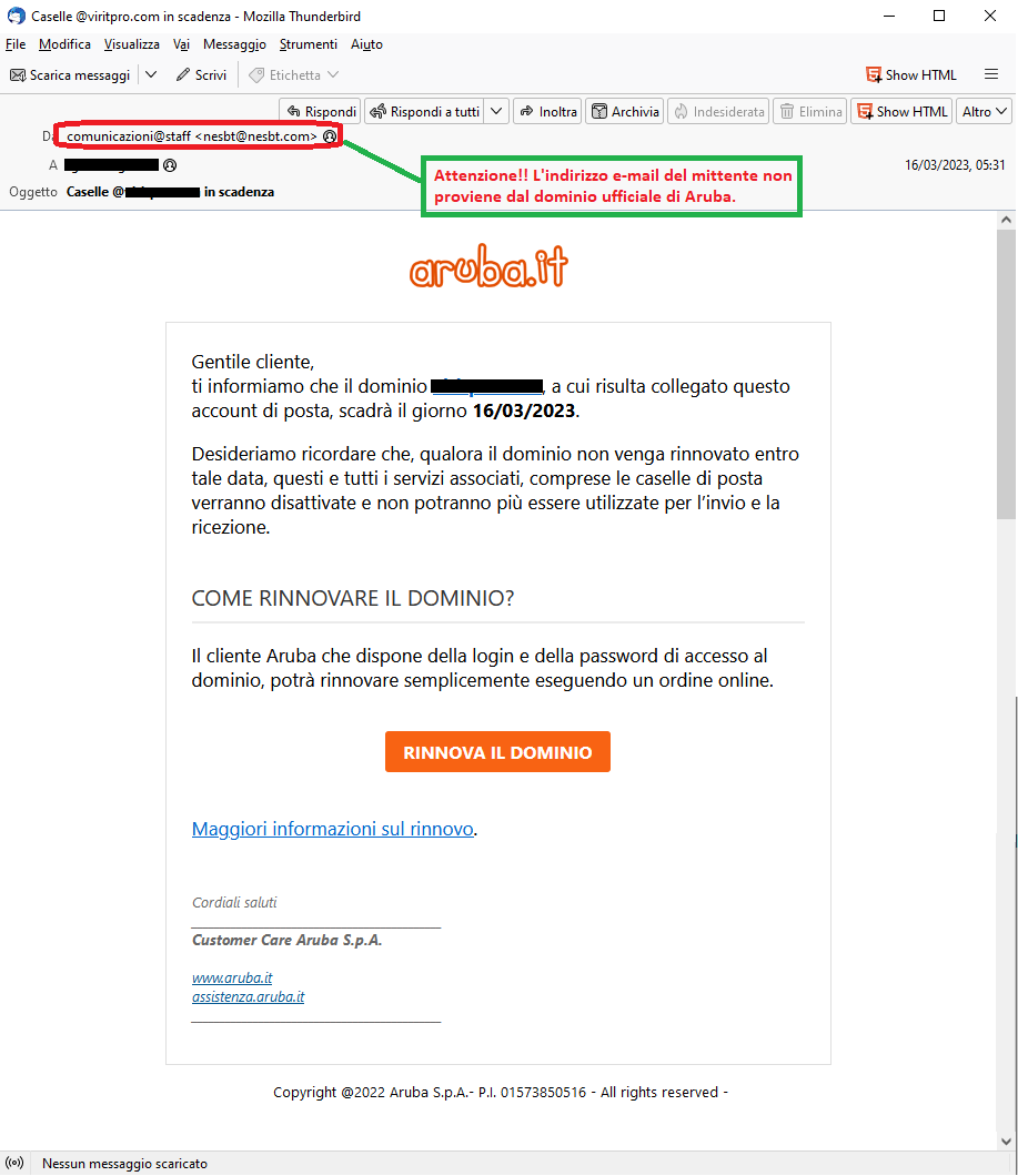 Clicca per ingrandire l'immagine della falsa e-mail di Aruba che comunica che il dominio è in scadenza, ma in realtà è una TRUFFA!