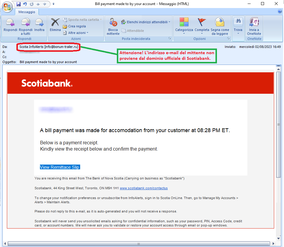 Clicca per ingrandire l'immagine della falsa e-mail di Scotiabank, che cerca di rubare le credenziali di accesso all'home banking del malcapitato.