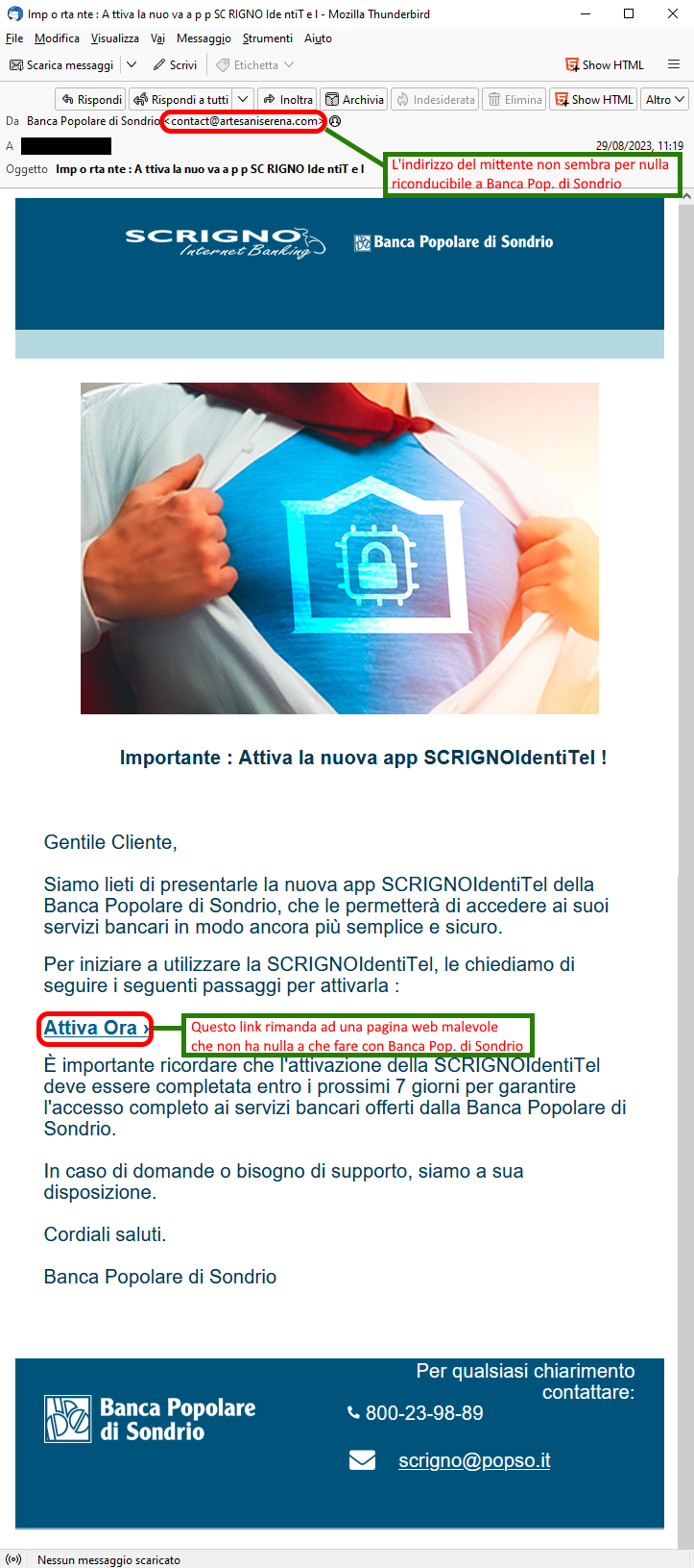 Clicca per ingrandire l'immagine della falsa e-mail di BPS, che cerca di rubare le credenziali di accesso all'home banking del malcapitato.