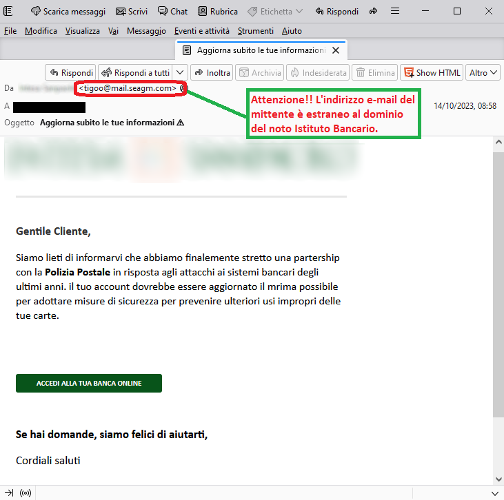 Clicca per ingrandire l'immagine della falsa e-mail di un noto Istituto Bancario, che cerca di rubare i dati dell'HomeBankingt...