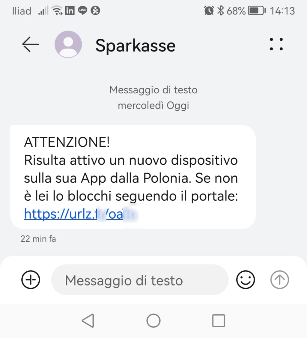 Clicca per ingrandire l'immagine del falso sms giunto da Sparkasse che cerca di indurre il ricevente a cliccare sui link per rubare le credenziali di accesso a suo conto corrente.